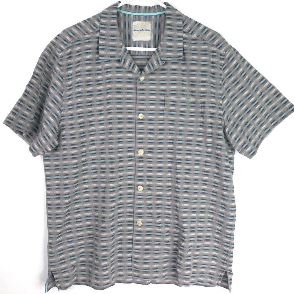 Tommy Bahama Men Large Gray Striped Geometric Blue‎ Accents Silk Blend Button